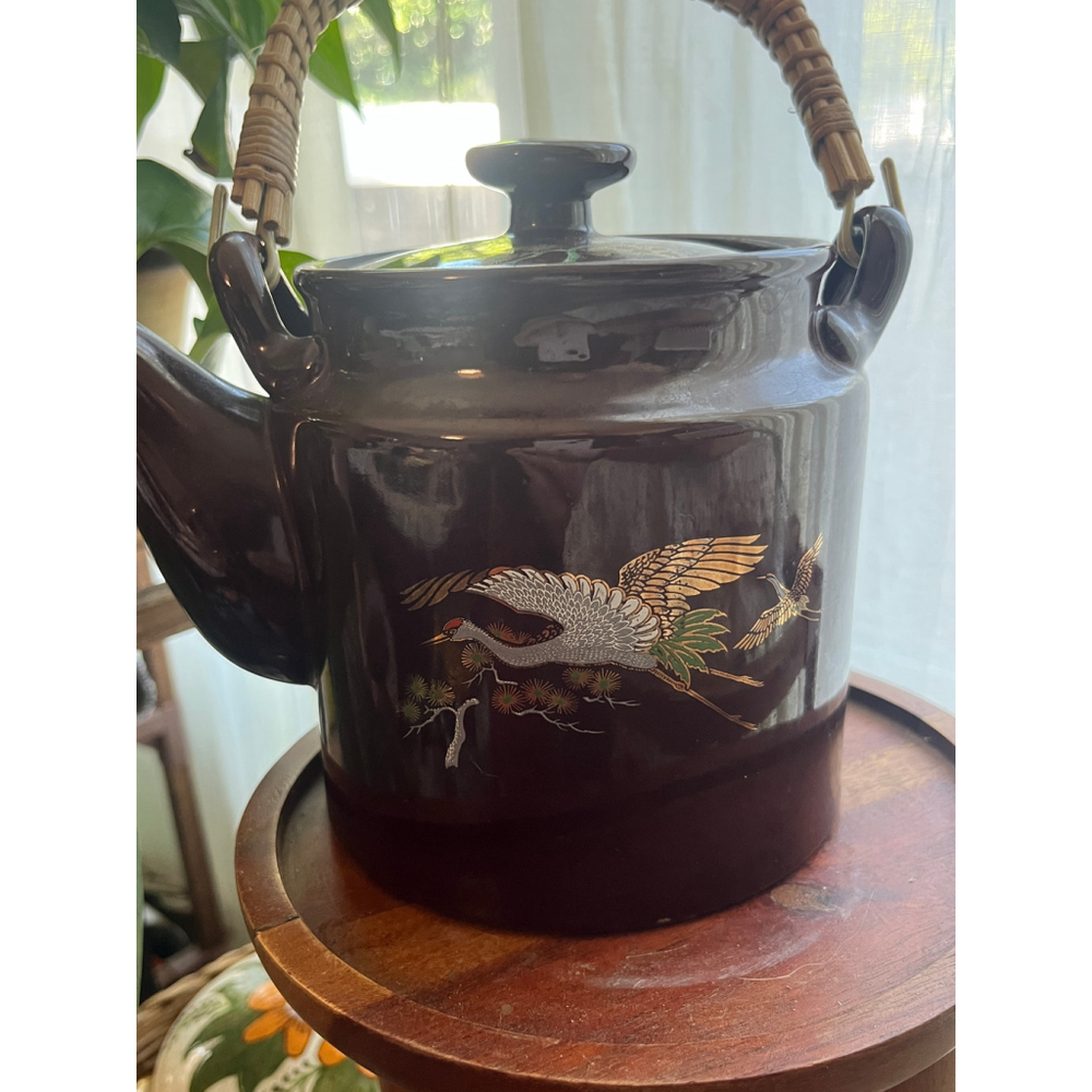 Vintage Japanese Crane Teapot - Brown Ceramic with Gold Accents & Rattan Handle - Picture 14 of 15